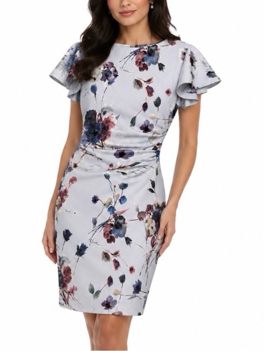 JESSICA HOWARD Light Blue Floral Sheath Dress with Ruffle Cap Sleeves